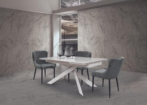 Mar.c.a. Design - Ausziehbarer Esstisch aus weißem Metall mit Glaskeramik-Tischplatte, Designer-Esstisch für moderne Möbel, Küchentisch 160 x 90 x 76 cm