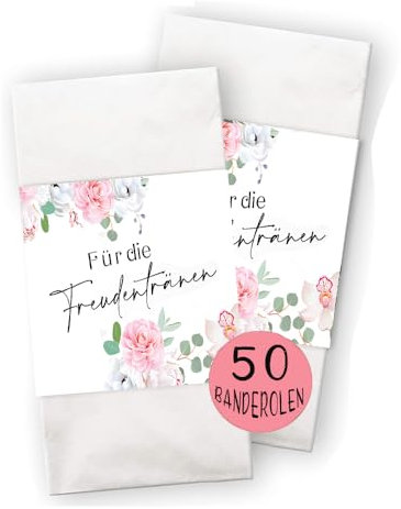 Freudentränen Taschentücher Banderole, Freudentränen Banderole (50 Stück), Banderolen für Freudentränen Taschentücher mit Klebepunkt zu verschließen, Taschentücher Hochzeit Freudentränen (A)