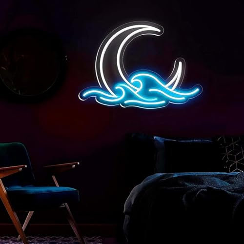 Dimmable Moonwave Neon Sun Luna Neón Luna LED Decoración de Pared Colgante Luna LED Cartel Adecuado para Sala de Juegos Fiesta de Navidad Decoración Fondo Anime Regalo (Onda Luna)