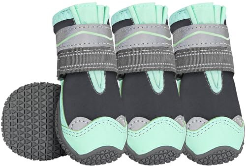Eyein Hundeschuhe Pfotenschutz, 4 Stück Wasserabweisend Hundeschuhe mit Rutschfester Sohle und reflektierendem Klettverschluss für kleine, mittlere und große Hunde, Sport im Freien, Grün, Größe 5