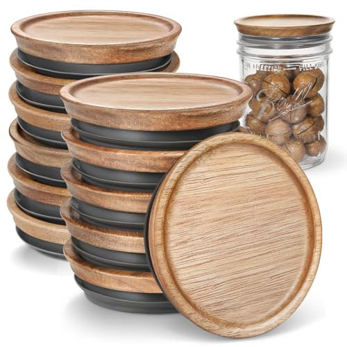 SKYBD Aufbewahrungsdeckel aus Holz für Ball-/Mason-/Kerr-Gläser, lebensmittelechtes Material, wiederverwendbare Einmachdeckel mit Silikondichtung, 100 % passgenau und luftdicht für Gläser (12 Stück