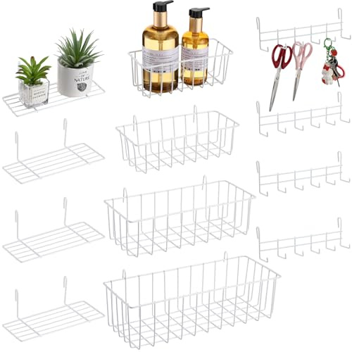 Yaocom 12-teiliges Wandgitter-Hängekorb-Regalhaken-Set mit 4 Körben, 4 geraden Drahtregalen und 4 Haken, Drahtzubehör für Aufbewahrung, Display-Organizer (weiß)
