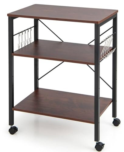 GiantexUK Kitchen Baker's Rack, 3 Tier Serving Cart Microwave Stand with Lockable Wheels & 5/10 Hooks, Rolling Storage Trolley for Home Office Living Room (Sandy Brown, 2 Adjustable Shelves)