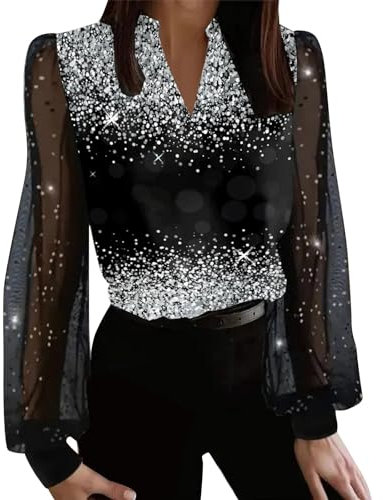 Festliche Blusen Damen, Elegant Sexy Silvester Outfit Pailletten Oberteil Modern Casual mit Glitzer Glitzer Shirt Glitzer Oberteile Herbst Winter Große Größen Langarm Tunika Festliche (Black, L)