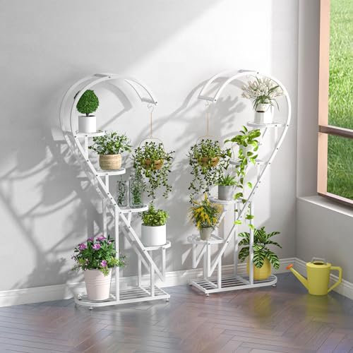 COSTWAY 5-stufiger Metall Pflanzenständer Herzförmig, Blumenregal mit Haken, Leiter Pflanzenregal Kippschutz, Pflanzenleiter Blumenständer, für Garten Balkon Wohnzimmer (Weiß)