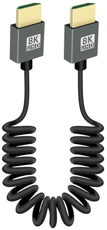 GELRHONR Short Coiled HDMI Cable 8k, Extreme Thin HDMI Male to Male Extension Spring Flexible Cord 48Gbps High Speed Support 3D 8K@60Hz for On-Camera Monitors,TV,PS5, Xbox Series X/S (Straight)