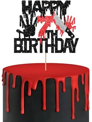 Killer Happy 7th Birthday Cake Topper, Zombie Bloody Friday Birthday Cake Decor, Black Glitter Have A Killer Birthday Cake Topper for kids, Halloween Horror Themed Birthday Party Decoration