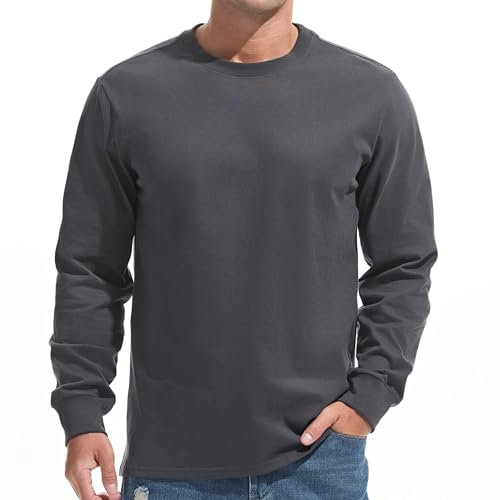 VEIISAR Men's Heavy Weight Crew Neck Long Sleeve T Shirt - Mens 100 Cotton Thick Pre Shrunk Shirts (T2L Dark Grey L)