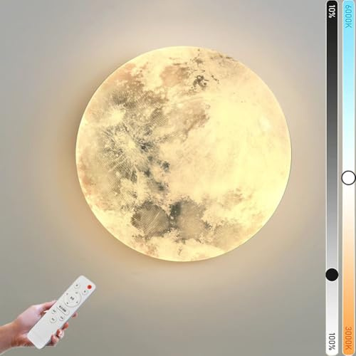 LOGT LED Mond Wandleuchte Innen Dimmbar mit Fernbedienung 48W Nachttischlampe Runde Deko Wandlampe Mond Modern Design Nacht Licht Hintergrund Wandbeleuchtung für Schlafzimmer, Wohnzimmer,A,38CM