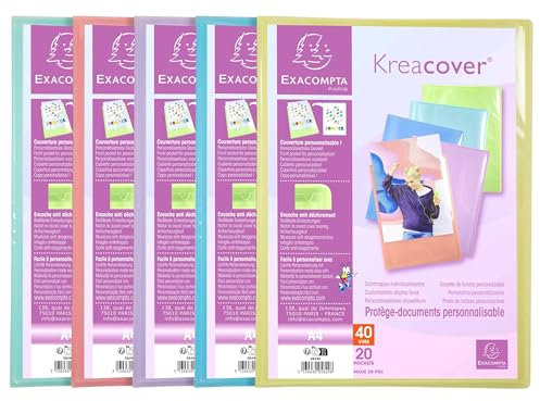 Exacompta - Réf. 5829E - Carton de 20 Protège-documents personnalisable Kreacover Pastel - 20 pochettes cristal lisse - 40 vues - pour A4 - dim 24x32cm - couverture en polypro semi-rigide