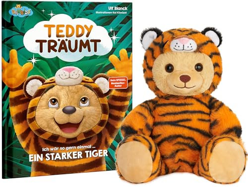 BRUBIES Kuscheltier mit Bilderbuch - Teddy Träumt - Ich wär so gern einmal EIN starker Tiger - Teddybär mit Buch für Kinder ab 2 Jahren. Gute Nacht Geschichte Autor ULF Blanck