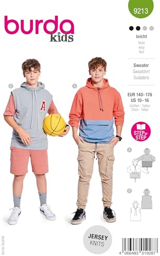 burda kids Schnittmuster Kinder #9213 Hoodie mit Color-Blocking und Taschenklappen & Kapuze Gr. 140-176