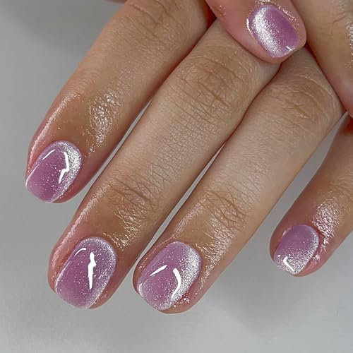 SXVME Lilac False Nails Glitter, 30 Pcs Kit: Short Square, Sparkly Shiny, Cute Bling, Reusable, Salon-Level Results at Home