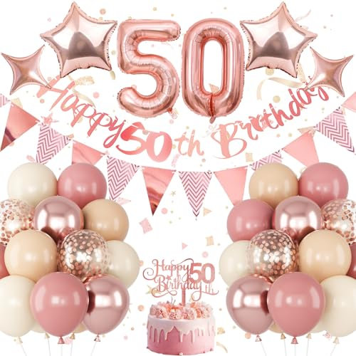 Jobkoo 50th Birthday Decorations for Women, Retro Pink Beige Number 50 Balloon Set Happy 50th Birthday Banner Cake Topper Dusty Pink Beige Rosegold Star Balloons for Her 50 Year Old Bday Party Decor