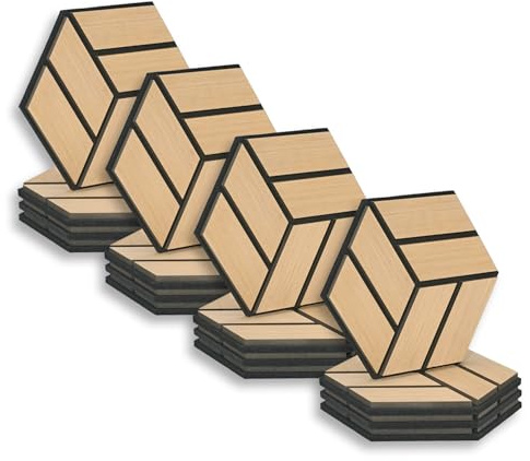 Homestyle4u 16x Hexagon Akustikplatten 30x26x2 cm Natur Schallschutzpaneele | Wandpaneele in Eichenholz Optik zur akustischen Behandlung, 3D Deko Paneele aus MDF & Filz, Set für Wand und Decke