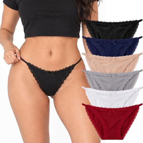 Babylunia 6 Pack Women Bikini Briefs Ice Silk String Panties High Leg Underwear Set Lace Trim Brazilian Knickers Mid Rise Hipster Underpants Breathable Soft Stretchy Comfy Ladies Undies Multipack