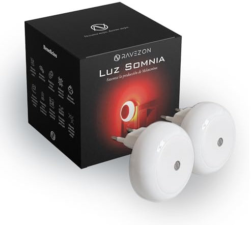 RAVEZON Luz Roja Nocturna Melatonina 2 Piezas LED - Bombilla Roja para Dormir con Sensor Crepuscular - Luz Nocturna Infantil - Red Light Therapy para Leer Libros en la Cama