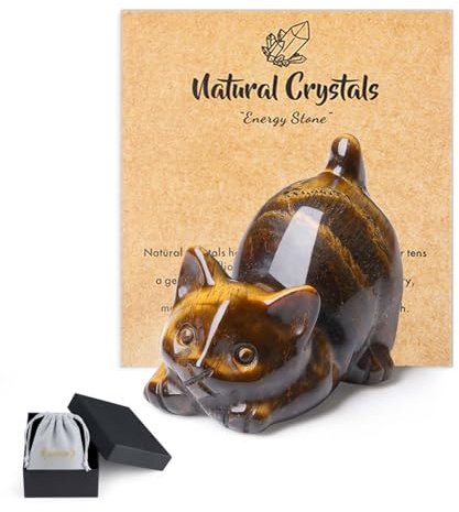 QINJIEJIE Figuras de gato de piedra de ojo de tigre de 2 pulgadas, adornos de animales, decoración de escritorio, estatua de cristales, temática de gato de la suerte, para mujeres, hombres, niñas