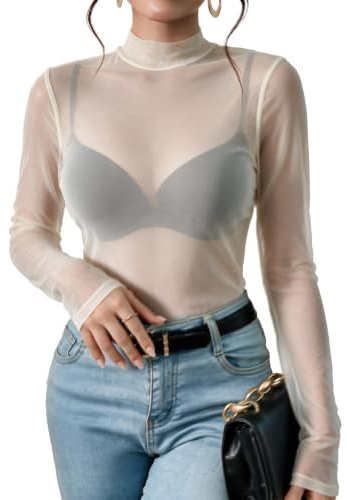 Avidlove Women's Mesh Tops Sexy T-Shirt Casual Blouse Y2K Party Clubwear | soft breathable lace fabric, long sleeve half mock neck design, versatile for all seasons, slim fit Halloween festival outfit