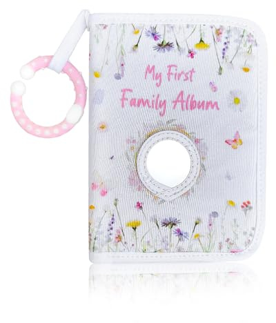 Baby Fotoalbum mit Hakenspiegel für 17 Fotos (17.8x12.7cm) - 'My First Family Album', Photoalbum zum Selbstgestalten, Hübsches Stofffotobuch für Neugeborene Jungen Mädchen Neugeborenenfamilie