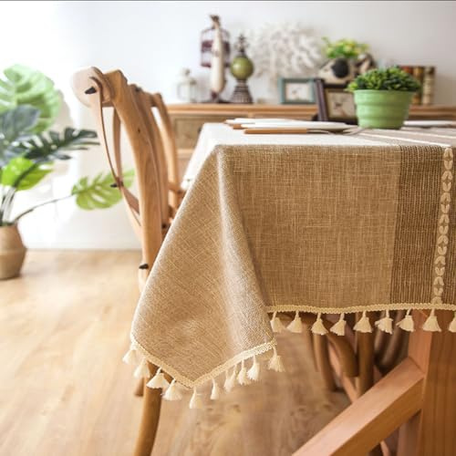 CarZenith Cotton Linen Table Cloth Rectangular, Wrinkle Free Non-Slip Farmhouse Tassel Dining Table Cover, Soft Fabric Tablecloth for Kitchen Dinning Tabletop, 55x79 Inch (140x200cm)