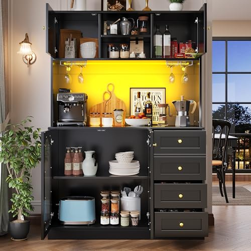 Ligterra Armario alto para buffet, armario de cocina, aparador, estilo rústico, 4 puertas, con barra de luz LED y soporte para bebidas, para cocina, comedor, 120 × 40 × 188 cm (negro)