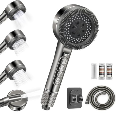 Pommeau Douche Anti Calcaire Haute Pression, Pommeau de douche avec Filtre Economie Deau avec Tuyau Douche 1.5M et Support de Douche, 4 Types de Jets Pommeau De Douche avec Bouton D'arrêt D'eau,Gris