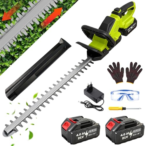GrowVid 54cm Akku Heckenschere, mit 2x4000mAh Akkus und Ladegerät, 1000W | 21V Heckenschere Elektrisch, 3000 U/min, 180° Verstellbarer Kopf, leicht, für Hecken, Sträucher & Garten, Grün