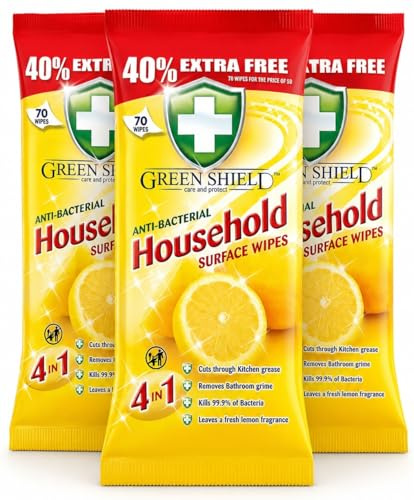 Green Shield Household Surface Wipes, Antibacterial & Antiviral, Lemon Scent, 70 Count Pack of 3, Total 210 Wipes,