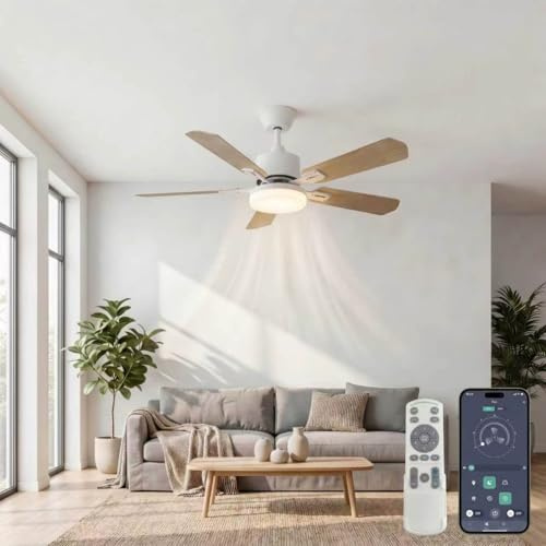 YuYe Deckenventilator mit Beleuchtung 3 Farbtemperatur und 6 Geschwindigkeiten LED Deckenventilator mit Lampe, APP/Fernbedienung, Timer, doppelseitige Flügel für Schlafzimmer Wohnzimmer (Weiß, 108CM)
