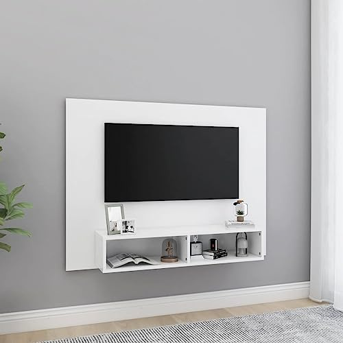 Fengshui Meuble TV mural en bois blanc 120 x 23,5 x 90 cm | Compartiments ouverts, plateau supérieur stable, facile à nettoyer, pour articles de décoration