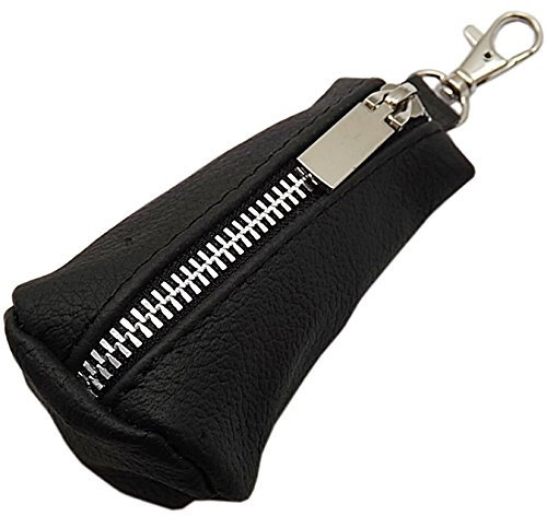 myledershop Echt Leder Schlüsseltasche mit 1 Reißverschlussfach und Karabinerhaken Handmade in EU in Schwarz in verschiedenen Designs (Design 1 / Metall-Reißverschluss)