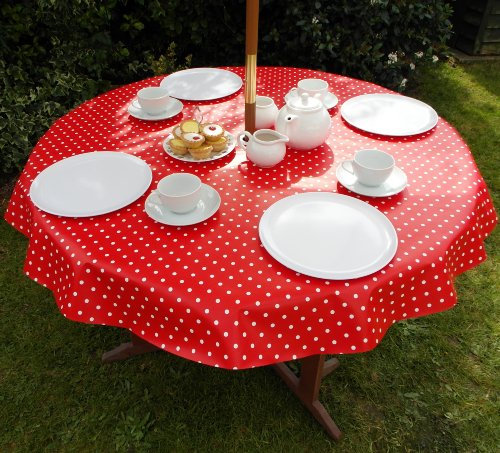 THE TABLECLOTH COMPANY 139,7 cm (1,4) Nappe Ronde en PVC/Vinyle Motif à Pois Rouge avec Trou Parasol