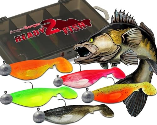 Wild Devil Baits Ready2Fish Action Shad mit Box Gummifisch Set mit Jighaken fertig zum Angeln