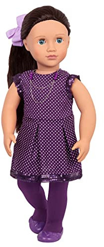 Our Generation - Deluxe Puppe Willow mit 2 Outfits, lila Kleid, Pyjama, braune Haare, Blaue Schlafaugen, beweglich, 46cm - ab 3 Jahren