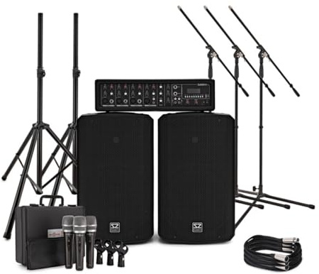 SubZero SZPA-410 Sistema PA 175W con Mixer e Microfoni | Due diffusori da 10 pollici per copertura completa, delay FX per canale, include stativi mic e cavi XLR