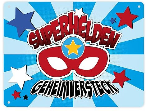 Superhelden Geheimversteck Metallschild XL in 21x28 cm im Comicdesign mit Superhelden Maske das perfekte Blechschild für dein Superhelden-Geheimversteck als Geschenk für kleine