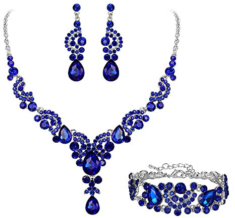 EVER FAITH Kristall Schmuckset Hochzeits Braut Art Deco Floral Teardrop Halskette Ohrringe und Armband Set Blau-Silber-Ton