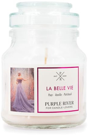 Purple River kleine Duftkerze im Glas mit Deckel | La Belle Vie | Duftkerze Parfüm | Sojawachskerze | Raumduft für Zuhause | Geschenke für Frauen