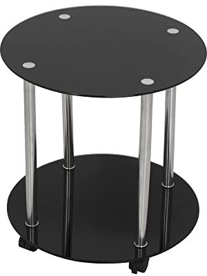 mahara Mesa auxiliar de cristal negro, mesa auxiliar, mesa de café, redonda, 45 cm x 45 cm, para sala de estar, salón, estudio, etc., con ruedas