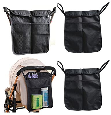 YOLENDAR 4 Stück Baby-Kinderwagen-Tasche, schwarzer Kinderwagen-Organizer, 2 Aufbewahrungstaschen, Netzstoff vorne, für Flaschen, Regenschirm, Windel, abnehmbare Gurte, passend für jeden Kinderwagen