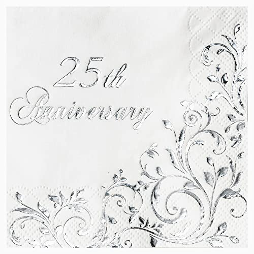 Crisky Silver Foil 25th Anniversary Cocktail Napkins for Silver Wedding Party Decoration, 3-Ply Disposable Beverage Dessert Napkins, 50 Counts