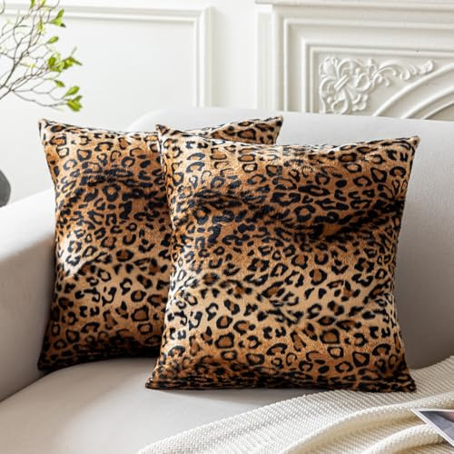 CARRIE HOME Leopard Pillow Covers Cheetah Pillow Animal Print Throw Pillows Soft Short Velvet Pillow for Home Couch Sofa (Set of 2, 26x26 inch)