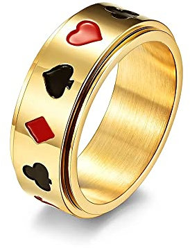 BlackAmazement 316L Edelstahl Ring Drehring Spinner Karten Farben Poker Zocker Pik Kreuz Karo Herz silber rot schwarz gold Herren (Gold, 57 (18,1))