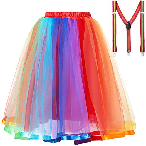 tanzdunsje Tüllrock Damen mit Riemen, Elastischer Bund Tüllrock schwarzer Regenbogen Tüllrock Petticoat 50er-Tutu Unterrock Tütü Ballet Tanzkleid für Damen Teenager Party Halloween-Kostüme