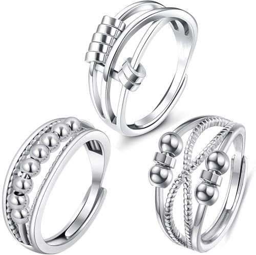 3 STK Angst Fidget Ringe, Silber Offen Verstellbar Spinner Ringe, Verstellbare Anti Stress Ringe, Verstellbare Spinnerringe, Zirkonia Ringe für Damen (A)