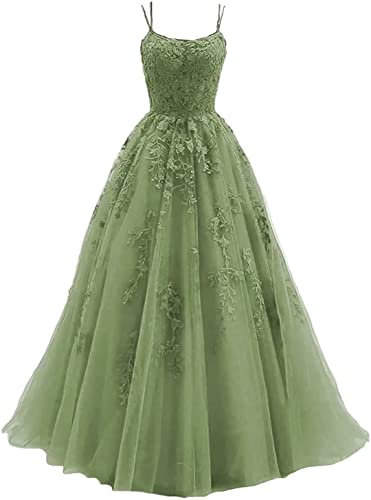 Sincemeet Tulle avec Bretelles Spaghetti Robe de Bal Longues en Dentelle avec Appliques Robes de Bal Robe de soirée Quinceanera Vert Sauge 32