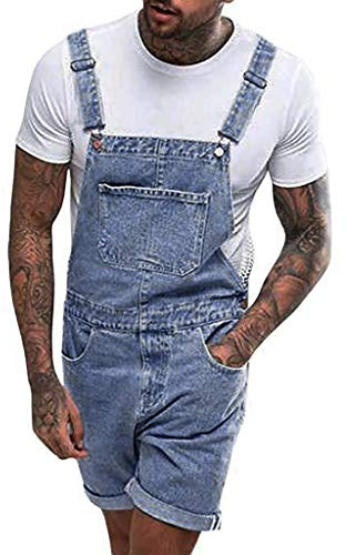 Beokeuioe Salopette corta da uomo, in jeans, retrò, in denim, skinny fit, con pietre lavate, streetwear, pantaloni da lavoro, jeans corti