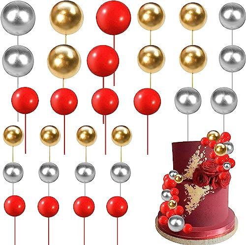 SYKYCTCY 24 Pack Ball Cake Toppers Mini Balloon Cupcake Toppers DIY Foam Ball Cake Insert Decoration for Wedding Anniversary Birthday Party Supplies Decorations Red Gold Silver