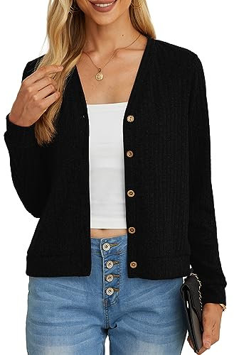 GRECERELLE Women's Crop Cardigan Summer Long Sleeve V-Neck Button Down Knit Lightweight Outerwear Shrug Shawl Bolero Cardigans for Ladies (Black, M)